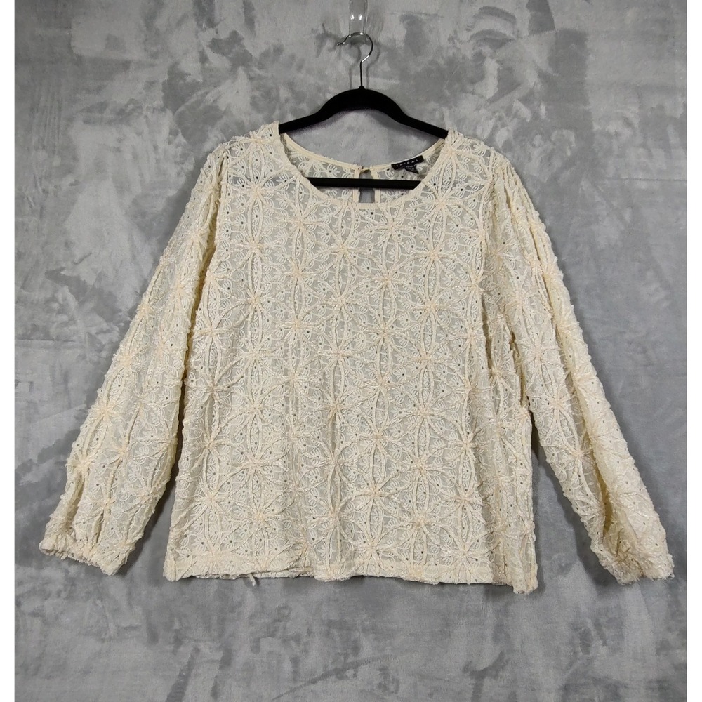 Tribal Womens XL Cream Eyelet Lace Long Sleeve Blouse Geometric Chenille Accents